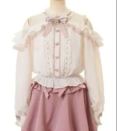 lizlisa オープンショルダーフリルブラウス ホワイト×ピンク