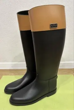 AIGLE レインブーツ ロングブーツ ブラック×ベージュ サイズ39