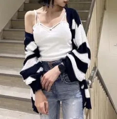 【GYDA】ボーダー ニットカーディガン ダメージデザイン ネイビー ホワイト