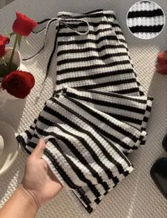 ボーダー柄 ワッフルイージーパンツ ブラック×ホワイト