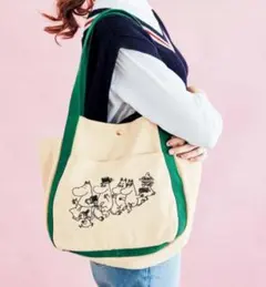 MOOMIN　ムーミン　モノクロ刺しゅう 帆布バルーントートバッグの会　グリーンのサムネイル