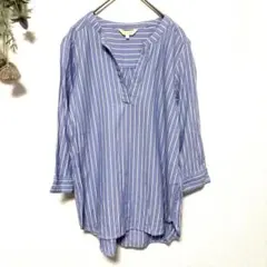 ハッシュアッシュ｜ノーカラーストライプシャツ｜長袖｜七分袖｜コットン｜レーヨン｜