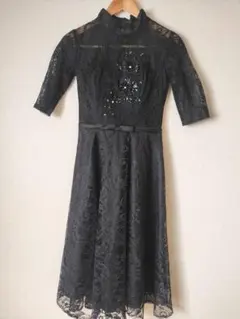 【美品】SHEIN 総レース ブラック ワンピース 五分袖 Aライン ドレス