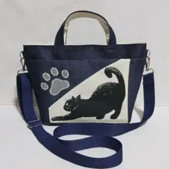 ハンドメイドデニムバッグ　猫柄バッグ 岡山デニム　インディゴブルー