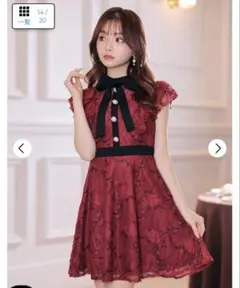 ネックリボンフラワー総レースフリルAラインミニ丈キャバドレスデイジーストアXS赤