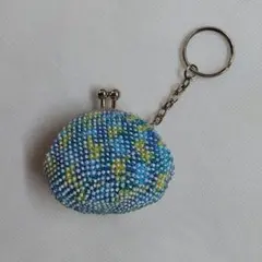 ハンドメイド ビーズ がま口④ ブルー グリーン キーホルダー ビーズクロッシェ