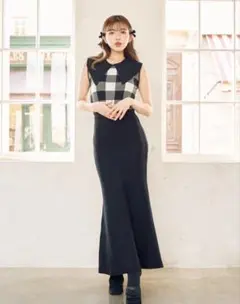Darich ダーリッチ ビッグカラーギンガムチェックニットロングワンピース