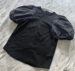 SNIDELスナイデル　異素材　バルーンスリーブカットソー　ストレッチ　黒　F