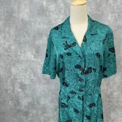 カナダ製レトロワンピース テキスタイル エメラルドグリーン色 昭和レトロ