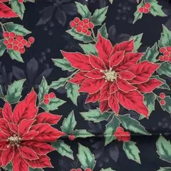71117 ポインセチア　黒系　ゴールド　ホフマンファブリック　生地　輸入生地