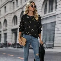 シーイン　ハート柄ドロップショルダースウェット長袖Tシャツ　XS