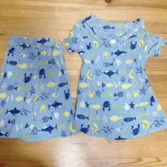 【美品】キッズ 甚平パジャマセット 120cm 男の子 女の子 夏用 サメ 魚柄