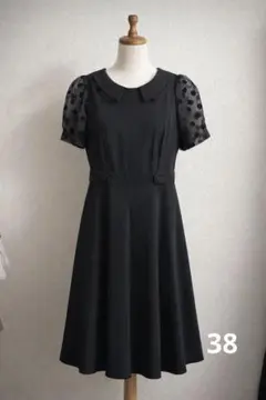 【Pin Curl】黒ドット柄 シースルー袖 ワンピース サイズ38 フォーマル