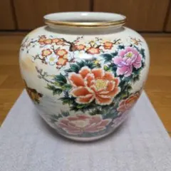 九谷焼 陶秀 花瓶 壺 金彩 貫入 オシドリ 牡丹 梅 花器 和風