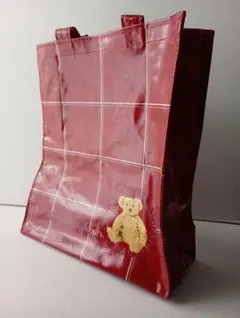 【未使用】テディベア トートバッグ レッド 深紅 チェック柄 ビニール くま
