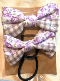 ハンドメイド 花柄とチェックのリボン形ヘアゴム 2個セット no.83
