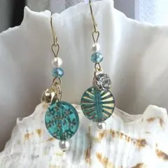 ターコイズビーズとパールのフープピアス785