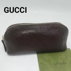 極美品✨グッチ　化粧ポーチ　コスメポーチ　ダークブラウン　レザー