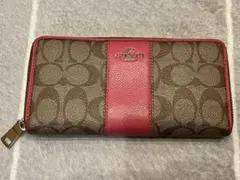Coach ロゴ入り 長財布 ブラウン/ピンク　ラウンドファスナー