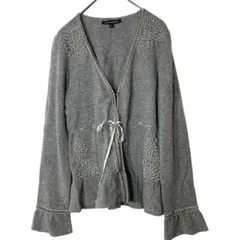 LAURA ASHLEY グレーリボン刺繍カーディガンXSウール100%