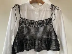 手編みハンドメイド 花モチーフ裾フリルのキャミソール ビスチェ ブラック