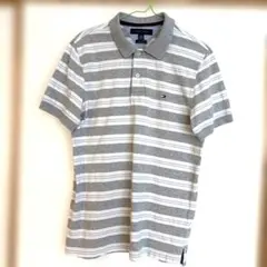 TOMMY HILFIGER グレー/ホワイトストライプ ポロシャツ