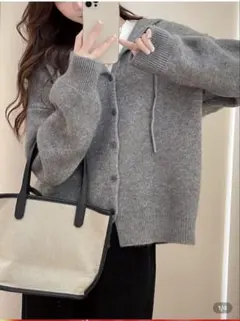 フード付きグレーのニットカーディガン　Ｌサイズ　SHIEN