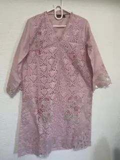 Bin Saeed】刺繍ピンク3点セット Sサイズ クルタ パンツ ドゥパッタ