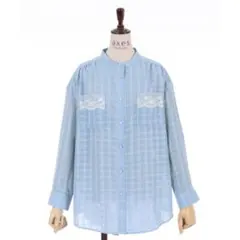 axes femme サックスブルー シアーチェックロングシャツ