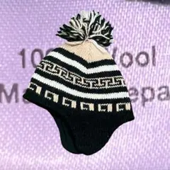 【一点もの】 ポンポンニット帽 ブラック×アイボリー ネイティブ柄