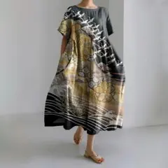 XL 和柄 モダン ロングワンピース 半袖 ゆったり 和柄ワンピース