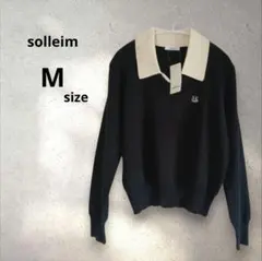 新品タグ付❣️【ソルレム】襟付ワンポイント刺繍ポロニット ブラック M
