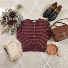 【JENNY RUMOR 】ボーダー柄 長袖カーディガン ボルドー系 Ｓ〜Ｍ相当