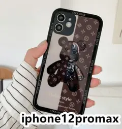 iphone12promaxケース　カバー　背面強化ガラス 　璃熊 茶色
