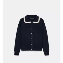 ZARA ザラ ピーターパンカラーニットジャケット ネイビーブルー S