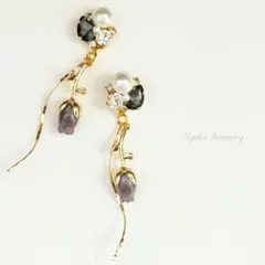 【792グレー】ハンドメイドピアスイヤリング春ピアス大ぶり揺れるフラワーピアス花