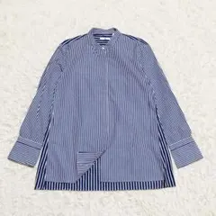 ユニクロ +J スーピマコットンスタンドカラーストライプシャツ M ブルー 長袖