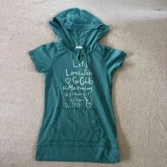 ターコイズ色フード付きTシャツ 110cm