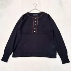 yt021 長袖ニット カットソー 黒 ウール混 飾りボタン フリル 綺麗め