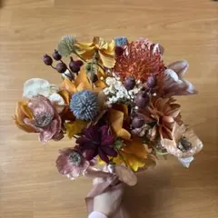 オレンジブーケ　ウェディングブーケ　ブートニア付き