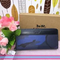 【✨新品未使用✨】COACH メンズ　長財布ブルー×カモフラ柄　迷彩 コーチ 長財布 メンズ 迷彩 ブルー 新品