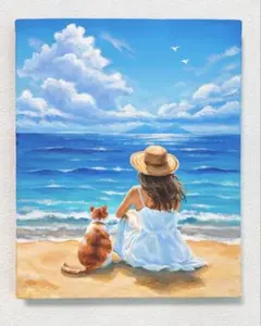 丸型キャンバス アクリル画 犬と眺める海 絵画 風景画 犬の絵 海の絵