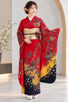 振袖 深紅 牡丹 菊 花柄 成人式 フルセット 低身長向け - メルカリ
