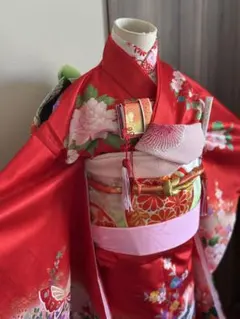 七五三に★赤色に鈴と飛鶴　四季花々　7歳着物セット