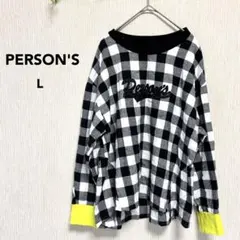 パーソンズ 長袖カットソー ロンT チェック柄 黒白 英字ロゴ付き 派手 L