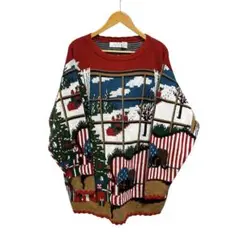 ※O 80s US古着 コットンアグリーセーター レッド クリスマス アメリカ製