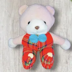 昭和レトロ　ぬいぐるみ　クマ　タータンチェック　サロペット　ピンク　約26cmのサムネイル