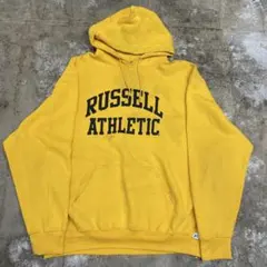 古着 00s RUSSELLラッセル プリント スウェットパーカーイエローXXL