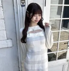evelyn バストリボンチェックニットOP アイスグレー IGY evelyn Newcollection♥ #バストリボンチェックニットop