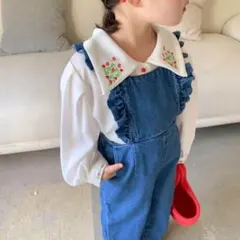 【新品未使用】刺繍シフォンシャツ+フリルデニムサロペット100サイズ